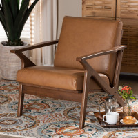 Baxton Studio Bianca-Tan/Walnut Brown-CC Bianca Mid-Century Modern Walnut Brown Finished Wood and Tan Faux Leather Effect Lounge Chairh